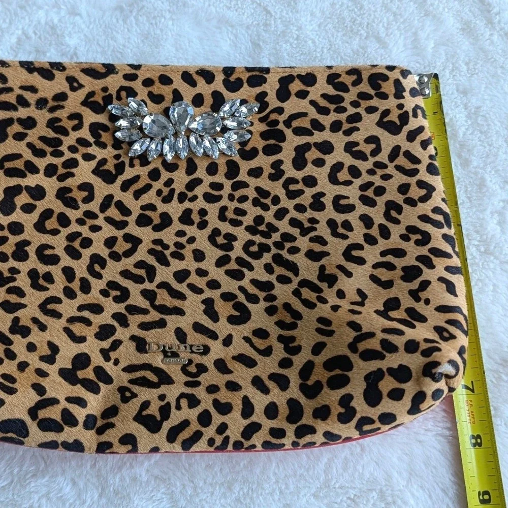 Dune London Leopard Print Calf Hair Crystal Wristlet Clutch Bag Red Accent